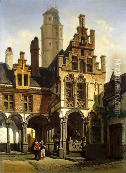 Courtyard of the Palace of Marguerite of Austria in Mechelen Oil Painting - Francois Stroobant