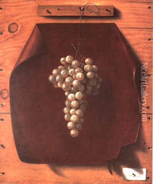 Green Grapes On Red Leather, A Trompe L'oeil Painting Oil Painting - Albert Jenks