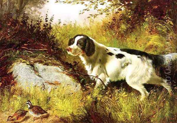 Dog and Quail Oil Painting - Arthur Fitzwilliam Tait