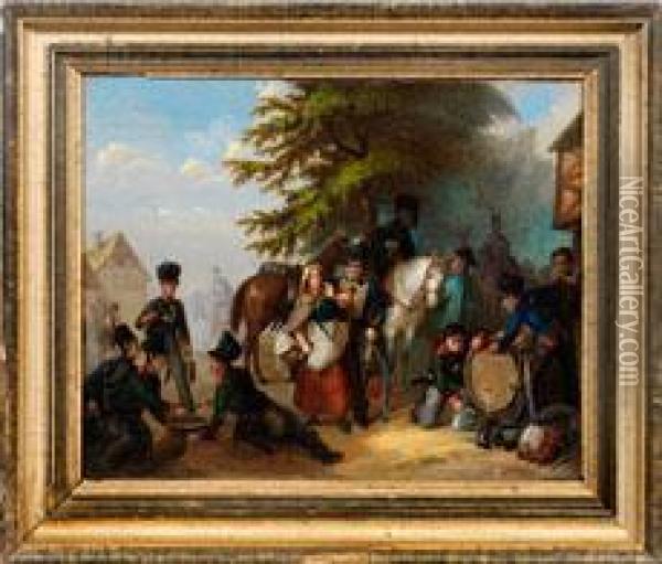 Dorfliche Strasenszene Mit Feiernden Preusischen Husaren Oil Painting - Ludwig Elsholtz