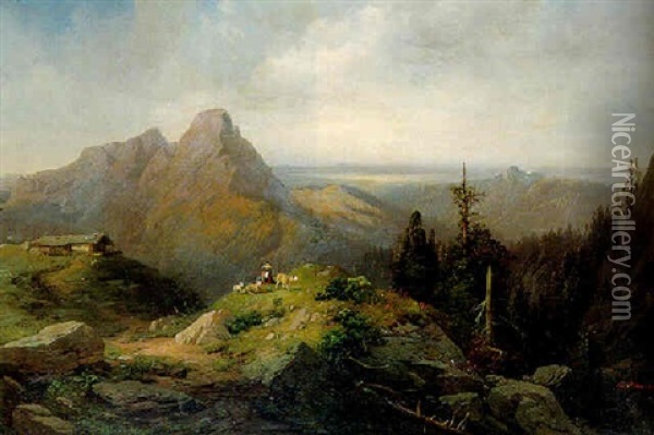 An Alpine Landscape With A Shepherdess And Sheep Oil Painting - Karl Millner