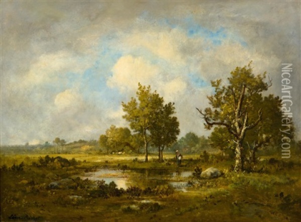 A Wooded Landscape With A Pond And Woman Oil Painting - Leon Richet