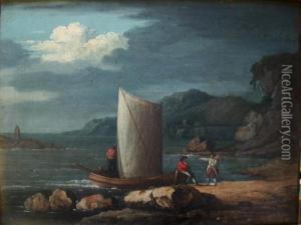 Three Men With A Sailing Boat In A Cove Oil Painting - Robert Salmon