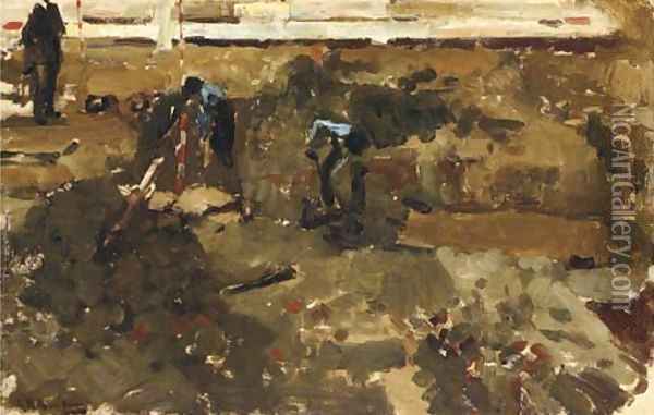 Heiwerk figures at work on a building site Oil Painting - George Hendrik Breitner