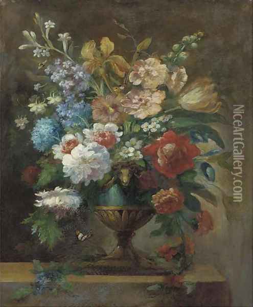 Spring flowers in an urn Oil Painting - English School