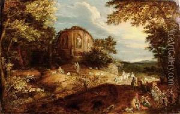 Berger Et Troupeau Avec Voyageurs Dans Des Ruines Antiques.. Oil Painting - Willem van, the Younger Nieulandt