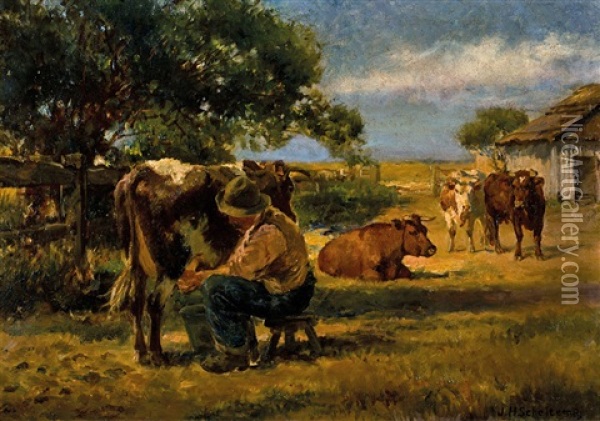 Milking Cows Oil Painting - Jan Hendrik Scheltema