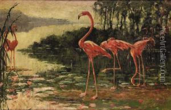 Flamingoes In A Florida Landscape Oil Painting - Frederick Stuart Church