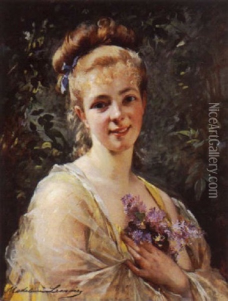 Portrait Aux Lilas Et Pensees Oil Painting - Madeleine Jeanne Lemaire