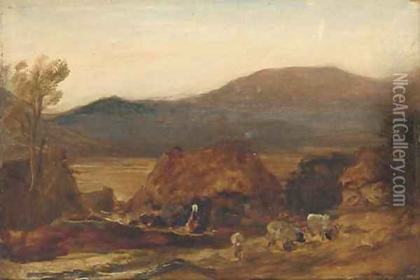A mountainous landscape, with a figure by a cottage and sheep in the foreground Oil Painting - Sir Edwin Henry Landseer