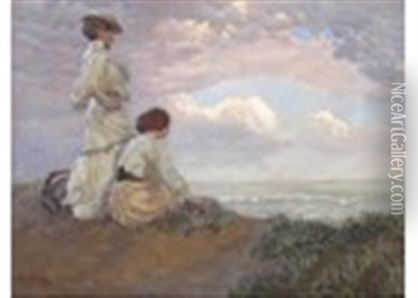 Two Elegant Ladies On The Coast, Gazing Out To Sea Oil Painting - Hans Hammer