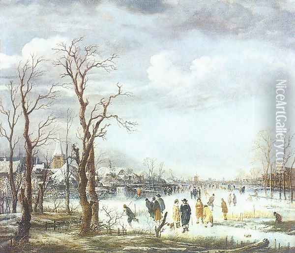 The River in Winter Oil Painting - Aert van der Neer