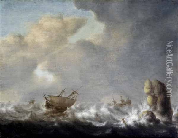 Shipping In A Stormy Sea Oil Painting - Jan Porcellis