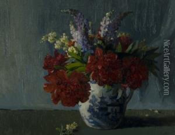 Still Life With Peonies In A Chinese Jug Oil Painting - Hans, Jean Iten