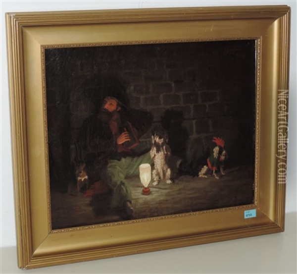 Der Strassenmusikant Und Seine Drei, Kunststuckchen Vorfuhrende, Hunde Oil Painting - Pierre De Salis-Soglio