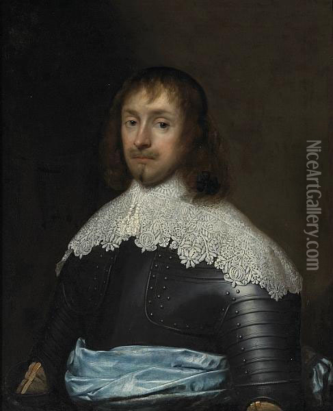 A Portrait Of Edward Cornewall Esquire, In Armor With A Lace Collar And A Blue Sash Oil Painting - Cornelius Jonson
