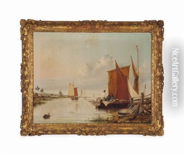 Boats On The River Yare Oil Painting - Alfred Stannard