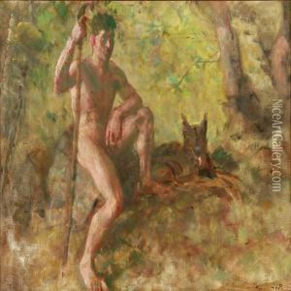 A Nude Male With A Dog In A Forest Oil Painting - Julius Paulsen