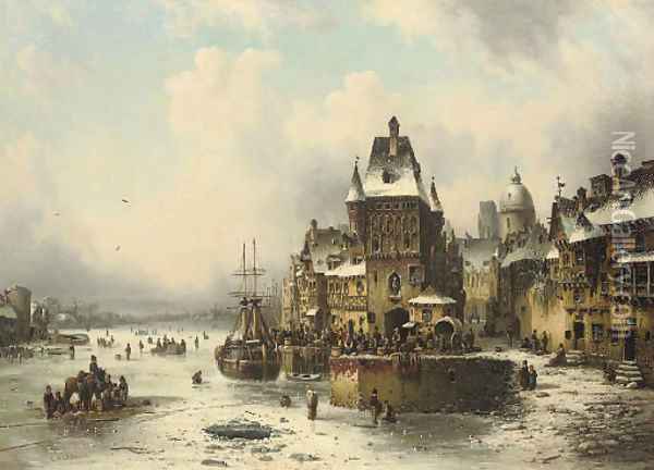 A winter quay Oil Painting - Ludwig Hermann