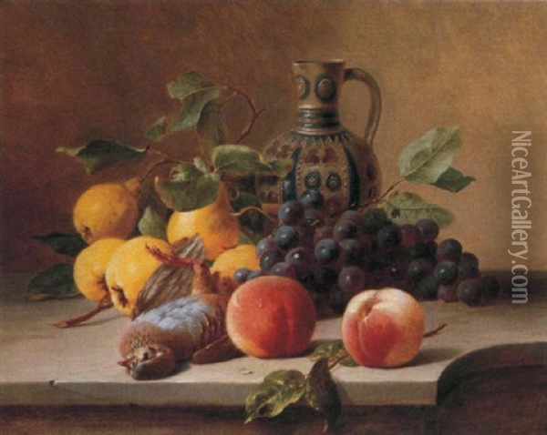 Nature Morte Aux Fruits, A L'oiseau Et A La Cruche Oil Painting - Eugene Victor de Flogny