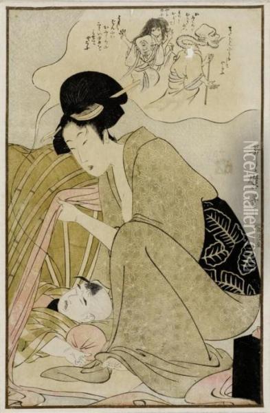 Schlafendes Kind Mit Albtraumen Und Besorgter Mutter Oil Painting - Kitagawa Utamaro