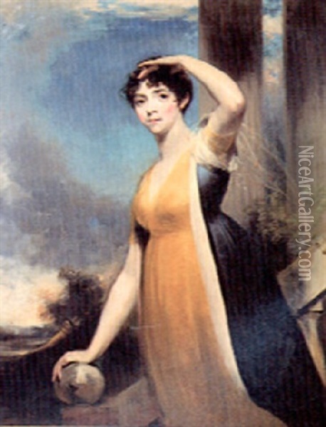 Portrait Of A Lady, Three-quarter Length, Standing On A Staircase Wearing A Yellow Dress With A Blue Overcoat Oil Painting - William Owen