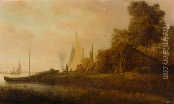 Uferlandschaft Mit Booten, Scheune Und Mannern Bei Der Arbeit Oil Painting - Salomon van Ruysdael