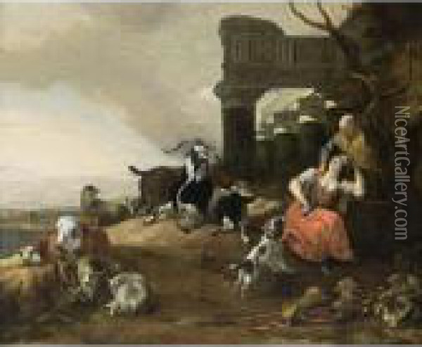 An Italianate Landscape With A 
Shepherd Couple Resting With Their Cattle And A Dog Near Roman Ruins Oil Painting - Jan Baptist Weenix