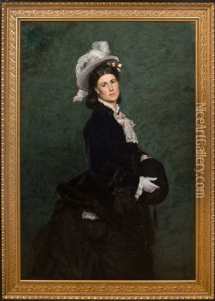 Portrait Of A Woman In A Feathered Hat Oil Painting - John Martin Tracy