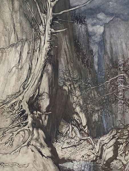 There is a dread Dragon he sojourns, And in a cave keeps watch over Alberichs ring, illustration from The Rhinegold and the Valkyrie, 1910 Oil Painting - Arthur Rackham