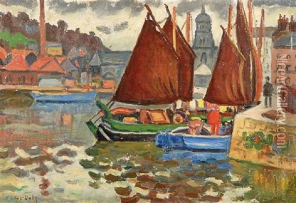 Boats In The Dock, Honfleur Oil Painting - Henri Lienard De Saint-Delis