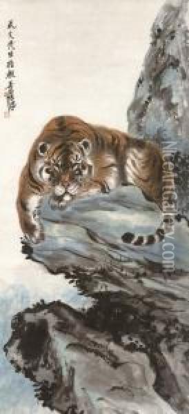 A Tiger's Gaze Oil Painting - Zhang Shanzi