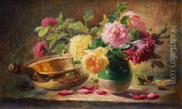 Still Life With Roses And A Colander On A Table Oil Painting - Maurice Louis Monnot