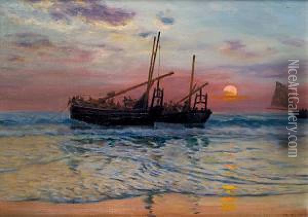Grandes Barques De Peche Pres Des Cotes Au Soleilcouchant Oil Painting - Charles Emmanuel Roussel