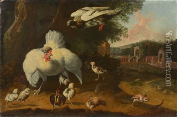 Poule Protegeant Ses Poussins Oil Painting - Willem Frederik van Royen