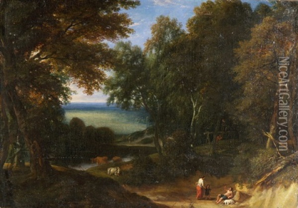 Sudliche Landschaft Mit Waldungen, Rastenden Hirten Und Weidendem Vieh Oil Painting - Johannes (Jan) Glauber
