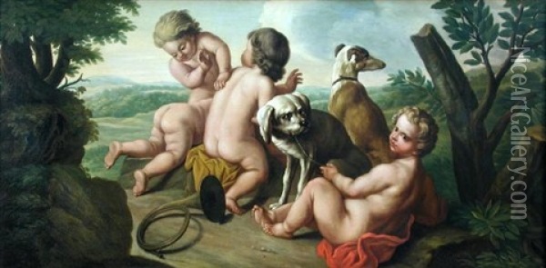 Putti Playing With Hounds In A Landscape Oil Painting - Jan Josef Horemans the Younger