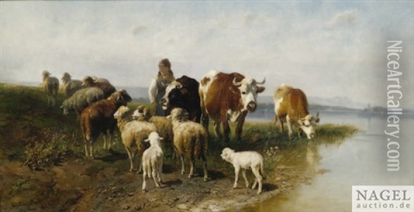 Kuhe Und Schafe Mit Hirtin Am Seeufer Oil Painting - Christian Friedrich Mali