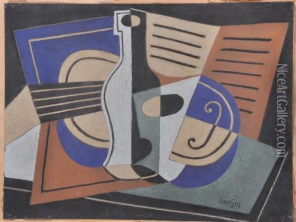 A Bottle, 
Guitar And Music Oil Painting - Juan Gris