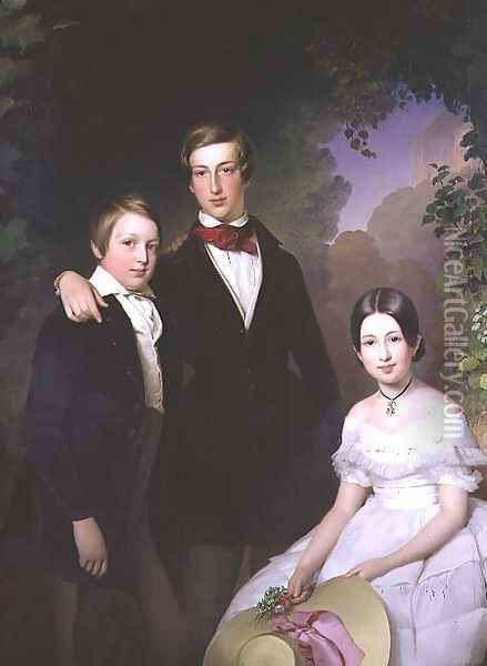 Portrait of Prince Maximilian 1827-49 Prince Moritz 1831-1903 and Princess Leopoldine Louisa 1835-92 of Lobkowicz, 1844 Oil Painting - Franz Schrotzberg