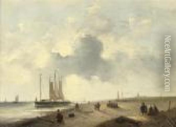 Moored Ships Off A Dutch Coast Oil Painting - Charles Henri Leickert