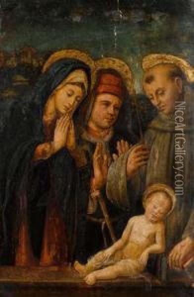 Maria, Josef (?) Und Der Heilige Antonius Mit Dem Christuskind. Oil Painting - Francesco Francia