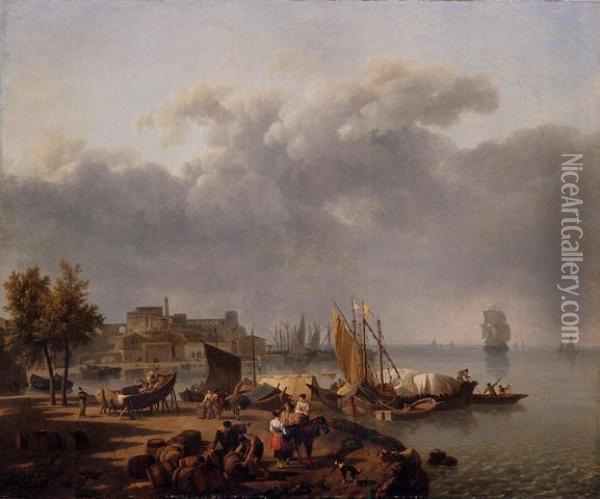 Quay With Stevedores And Peasants Conversing Oil Painting - Nicolas Antoine Taunay