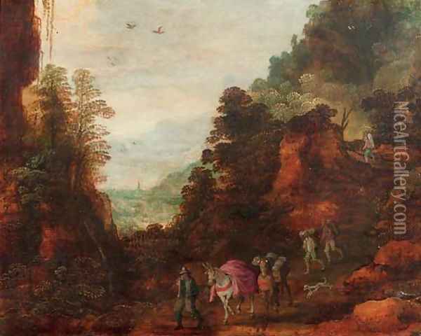 A rocky wooded landscape with travellers and mules on a track Oil Painting - Josse de Momper