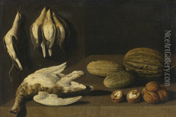 Still Life Of Dead Game Birds, Gherkins, A Melon And Walnuts All On A Wooden Table Oil Painting - Albrecht Kauw the Elder