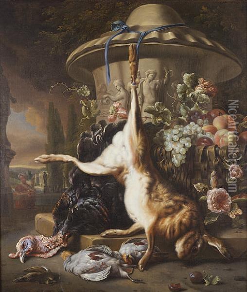A Dead Hare With A Dead Turkey 
And Grouse Beside A Basket Of Grapes And Peaches Before A Stone Urn, A 
View To A Palace Garden Beyond Oil Painting - Jan Weenix