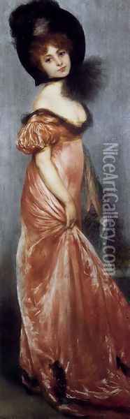 Young Girl In A Pink Dress Oil Painting - Pierre Carrier-Belleuse