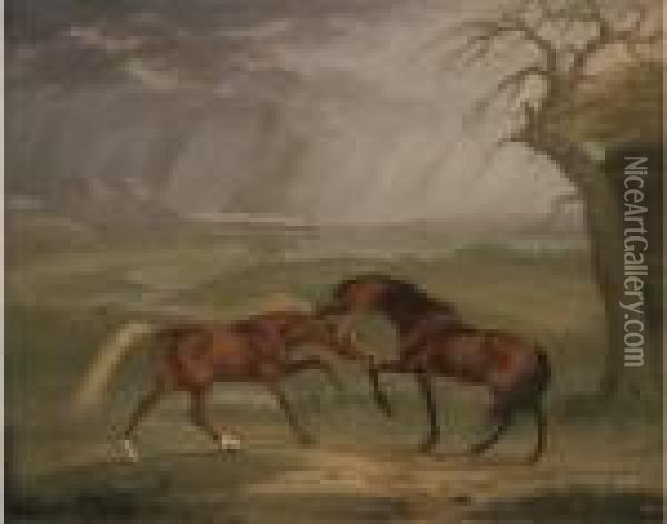 Horses Fighting In A Thunderstorm Oil Painting - Sawrey Gilpin