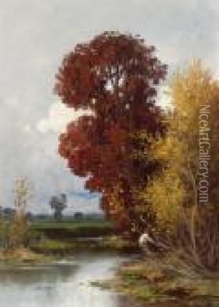 Herbstliche Fluslandschaft Mit Fischer Oil Painting - Adolf Kaufmann