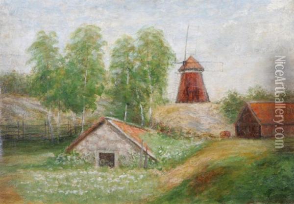 Landskapsvy Med Vaderkvarn Oil Painting - Severin Nilson